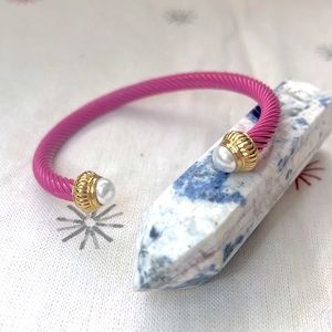 Matte Pink Twisted Cable Bangle Cuff Bracelet with Pearl Ends